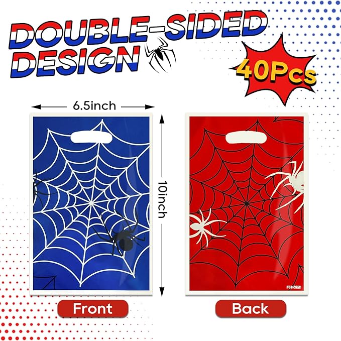 Xyinxy 40Pcs Spider Web Party Favor Bags, Red & Blue Cartoon Plastic Goodie Candy Bags for Party Supplies, Spider Treat Cookie Gift Bags with Handles for Birthday Party Theme