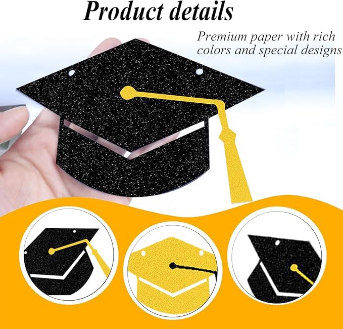 2026 Graduation Hat Banners Garlands Gold Glitter Graduation Party Decoration Banners Graduation Cap Banners Garlands Class of 2026 Graduation Party Banners for College High School