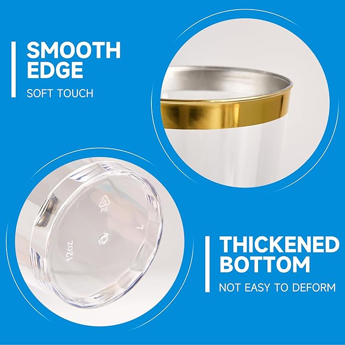 RACETOP 12 oz 200 Pack Disposable Plastic Cups with Gold Rim, Disposable Gold Rim Plastic Cups for Parties, Weddings, Gatherings, and Festival Events