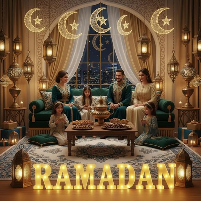7 Pieces Large Ramadan LED Letter Lights Sign Ramadan Eid LED Marquee Lights Table Decoration for Eid Home Party Gift Tabletop Decoration