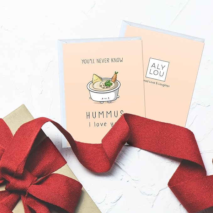 ALY LOU Mothers Day Card Anniversary Birthday for Mom Dad Wife Husband Girlfriend Boyfriend Stepmom Aunt Parents – Cute Funny Punny Greeting Card for Fathers Day – Blank Inside (Hummus I Love You)