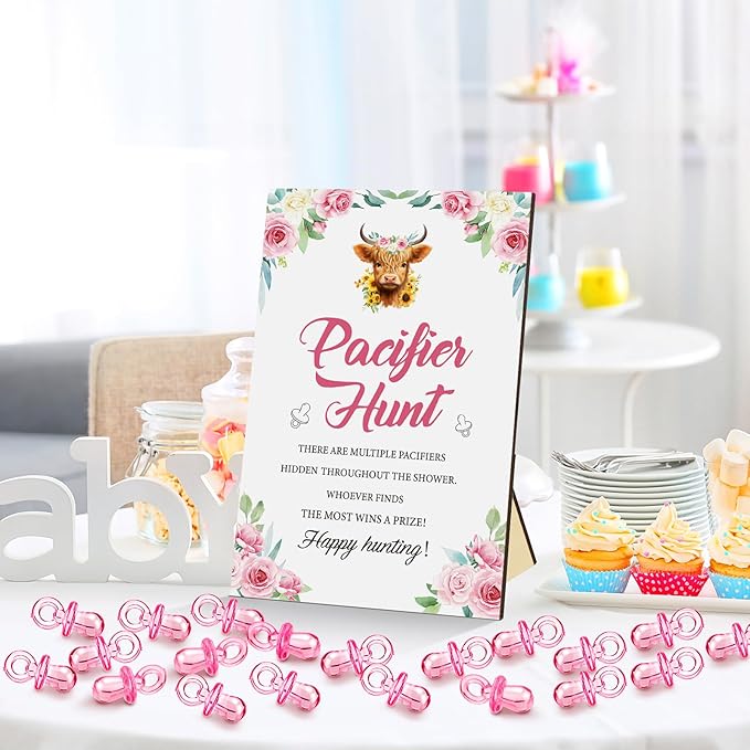 Thyle 51 Pcs Highland Cow Pacifier Hunt Baby Shower Games for Girls Include Hunt Sign and 50 Acrylic Pacifiers Boho Pink Floral Baby Shower Game Decoration Gift Sets for Gender Reveal Party Decor
