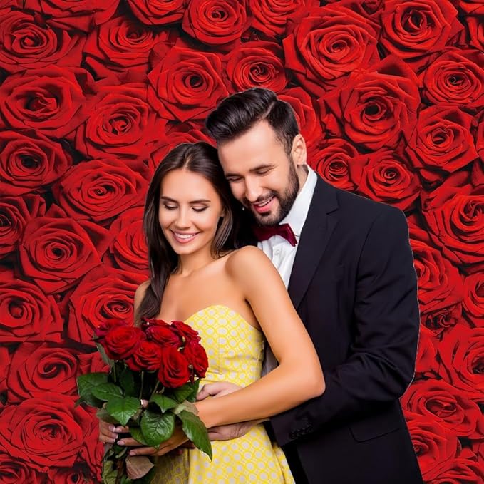 RUINI Red Rose Floral Wedding Photography Backdrop Rose Wall Valentines Day Wedding Bridal Shower Party Decorations Banner 8x8FT
