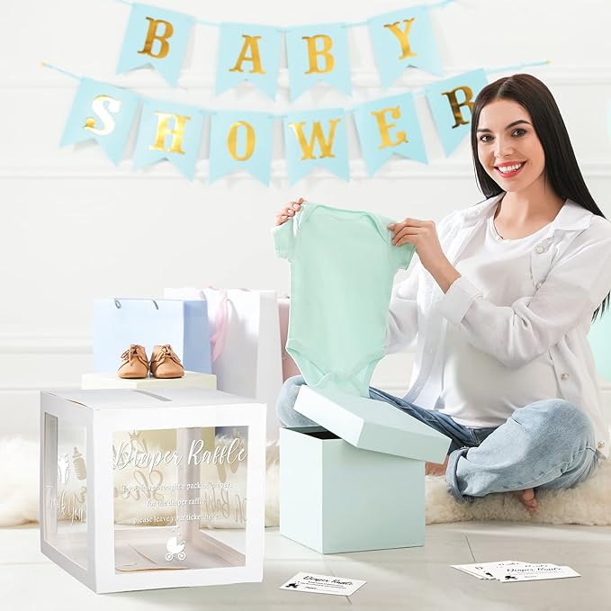 Funrous 51 Diaper Raffle Tickets with Box for Baby Shower Game Invitations Diaper Raffle Card for Gender Reveal Baby Shower Party Decoration Table Centerpiece(Clear White)