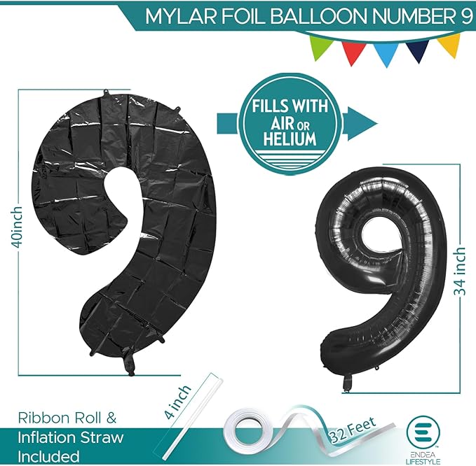 40 Inch Large Black Number Celebration and Decoration Balloon for Birthday Parties, Graduations, Anniversaries, Weddings, Photo Shoots, Special Events - Helium Foil Mylar (Black Number 9)