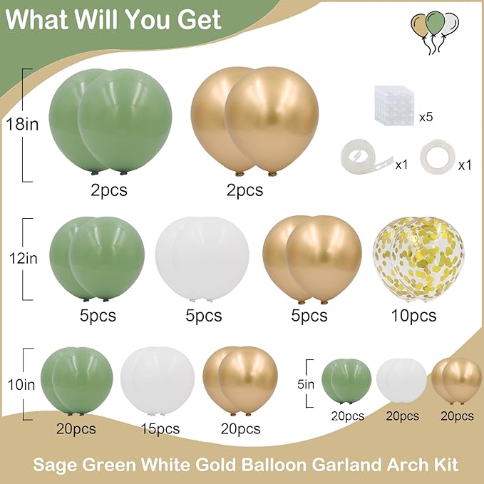 Sage Green White Gold Balloons Garland Arch Kit, 144Pcs 18/12/10/5Inch Sage Green White Metallic Gold and Confetti Latex Balloons for Birthday Baby Shower Engagement Wedding Party Decorations