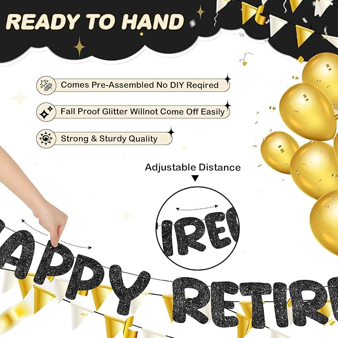 Fulmoon Pre Strung Happy Retirement Banner Glitter Retirement Sign Funny Official Retired Decor Party Decorations Supplies for Men Women Gifts (Black)