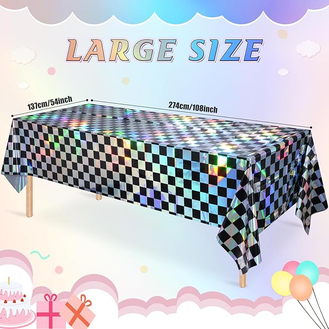 3Pack Black and Iridescent Checkered Plastic Tablecloth, Shiny Disposable Laser Rectangle Table Covers, Holographic Foil Tablecloth Iridescent Party Decorations for Picnic Camping Race Car, 54x108Inch