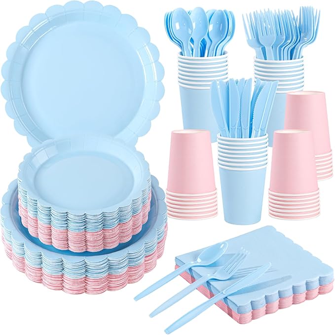 LIYH 350 Pcs Gender Reveal Pink and Blue Plates and Napkins Set for 50 Guest Party Supplies Include Scalloped Paper Plates Cocktail Napkins Cups Spoons Forks Knives for Baby Shower, Birthday, Easter