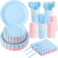 LIYH 350 Pcs Gender Reveal Pink and Blue Plates and Napkins Set for 50 Guest Party Supplies Include Scalloped Paper Plates Cocktail Napkins Cups Spoons Forks Knives for Baby Shower, Birthday, Easter