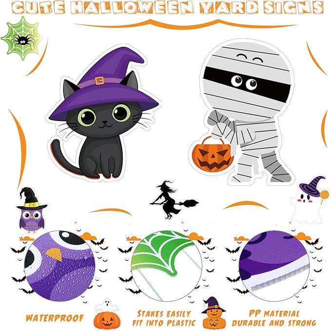 8 Pieces Cute Halloween Yard Stakes Large Halloween Garden Stake Pumpkin Ghost Witch Cat Yard Signs Halloween Lawn Decorations for Halloween Party Patio Outdoor