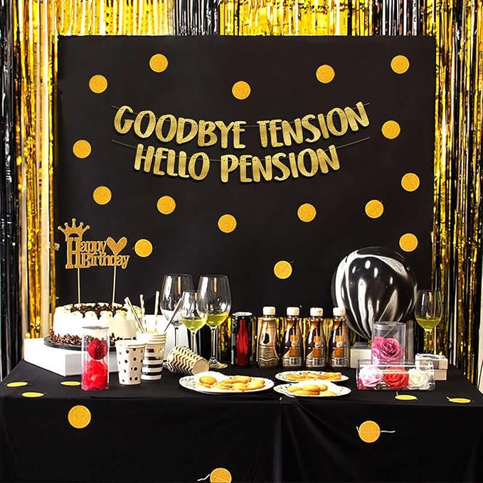 Pre-Strung Goodbye Tension Hello Pension Gold Glitter Banner - Funny Retirement Decorations for Men and Women - Retirement Party Supplies and Gifts
