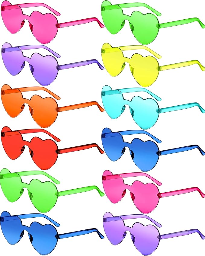 Photect 12 Pair Heart Shaped Sunglasses Neon Color Transparent Heart Glasses for Women Party Favor