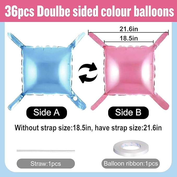 36Pcs Pink and Blue Square Foil Balloons Wall Backdrop, Double Sided Metallic Foil Balloons Tunnel Arch Garland Kit for Photo Booth Birthday Wedding Halloween Christmas Party Decorations