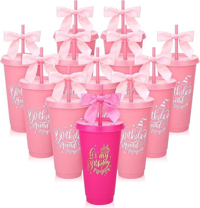 12 Pcs Birthday Party Tumblers, 24 oz Reusable Plastic Cups with Lids and Straws and Bows for Birthday Decorations Party Favor Pink