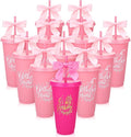 12 Pcs Birthday Party Tumblers, 24 oz Reusable Plastic Cups with Lids and Straws and Bows for Birthday Decorations Party Favor Pink