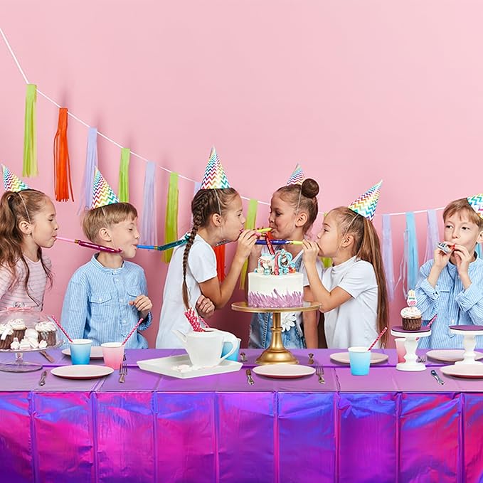 FunnyPars 4 Pack Iridescent Purple Plastic Tablecloths, Shiny Disposable Laser Rectangle Table Covers, Foil Tablecloth Iridescent Party Decorations for Kpop Birthday Bridal Wedding Decor, 54x108 Inch