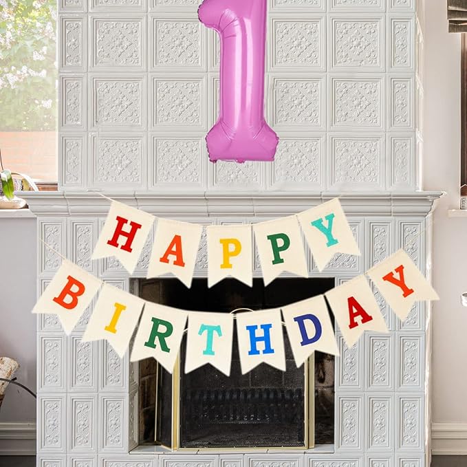 Burlap Happy Birthday Banner, Assembled Birthday Banner Sign Garland for Colorful Birthday Party Decorations