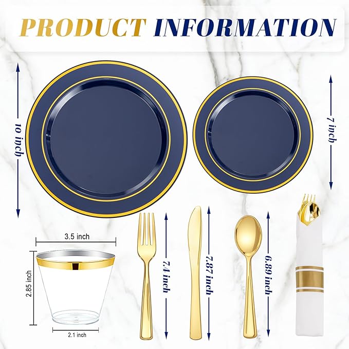 175PCS Blue and Gold Plastic Plates - Navy Blue Plates with Pre Rolled Napkins for Party - 25Guest Disposable Dinnerware Sets for Party/Birthday/Wedding/Passover/Easter