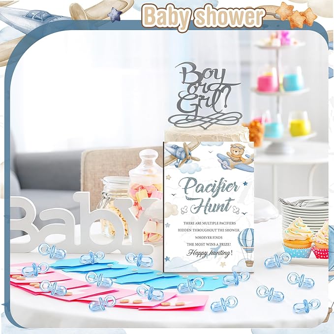 Thyle 51 Pcs Airplane Pacifier Hunt Baby Shower Games Include Hunt Sign and 50 Acrylic Pacifiers for Adventure Await Baby Shower Game Decoration Sets Gender Reveal Newborn Announcement Party Decor
