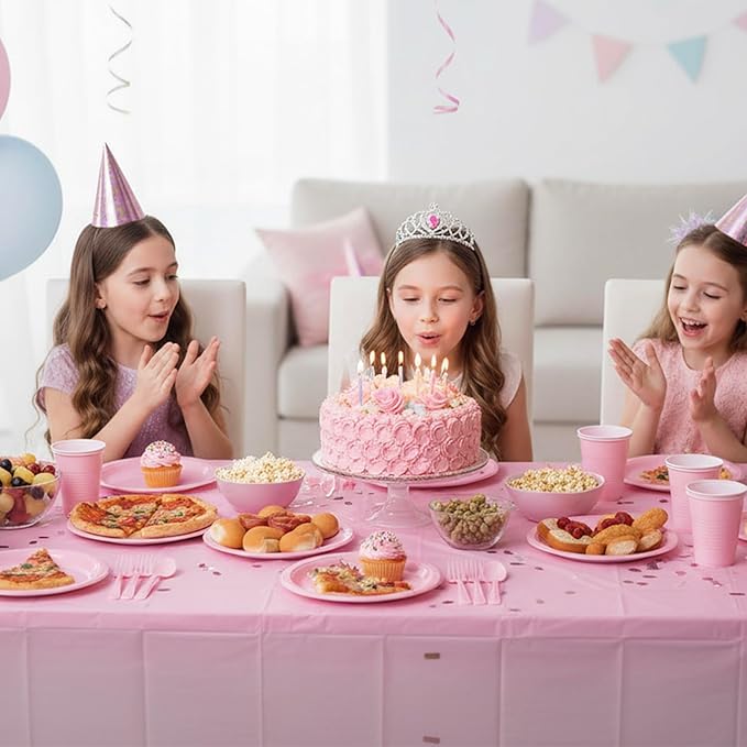 Pink Plastic Plates for Party,50 Guest Disposable Plastic Plate Set 9" Plates,7" Dessert Plates,Napkins,Cups,Forks & Tablecloth for Birthday,Wedding,Baby Shower,Girlfriends Tea Party