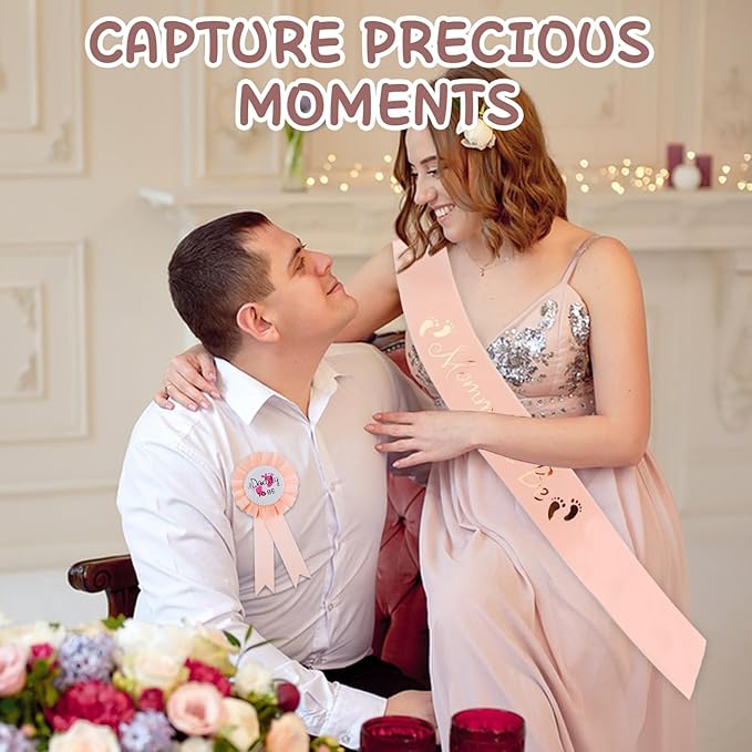 2 Pcs Baby Shower Decorations, Mommy to Be Sash and Daddy to Be Badge Set, It's a Themed Party Supplies for Baby Shower and Gender Reveal Decoracion (Champagne 2 Pcs)