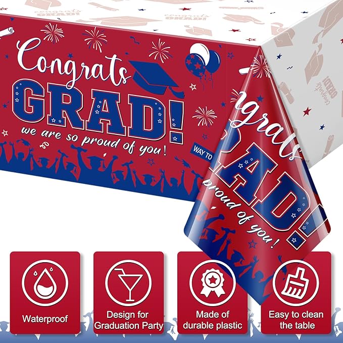 3 Pack Graduation Tablecloth Party Decorations, Class of 2026 Congrats Grad Plastic Tablecover Party Supplies, Red and Blue Rectangle Graduation Table Decor for College High School Party, 54 x 108Inch