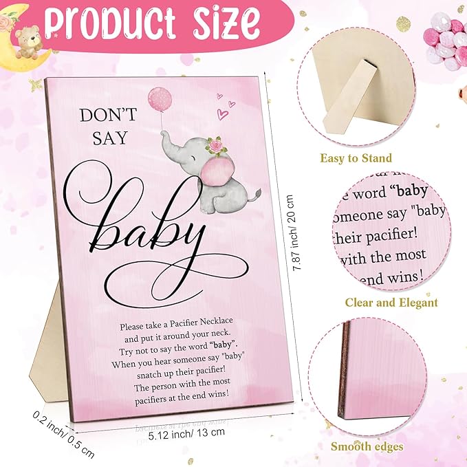 Geetery 51 Pcs Don't Say Baby Game Sign Cool Baby Shower Game 50 Pacifier Necklace Wooden Don't Say Sign Plastic Pacifier Party Favor for Gender Reveal(Elephant,Pink)