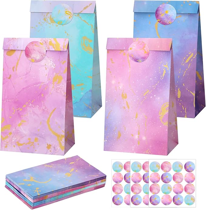 woric 36PCS Tie Dye Party Favor Bags with Stickers, Gradient Pink and Purple Small Gift Bags Self Stand Gold Foil Goodie Bag for Kids, Girls Birthday, Baby Shower, Wedding Party Favor Supplies
