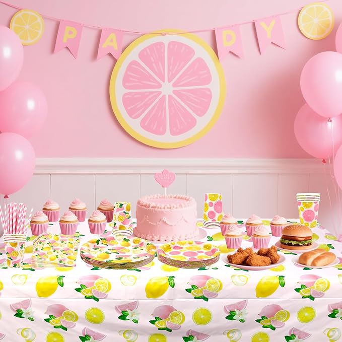 Pink Lemon Party Decoration - Lemon Birthday Party Tableware Supplies Includes Plates, Cups, Napkins, Tablecloth, Straws (40)