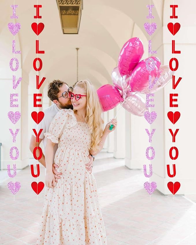 Glitter Red Pink Valentine Banner, 8 Strings Red I Love You Shiny Heart Banners Sign for Celebrate Valentine Party Wedding Ceremonies Holiday Party Decorations