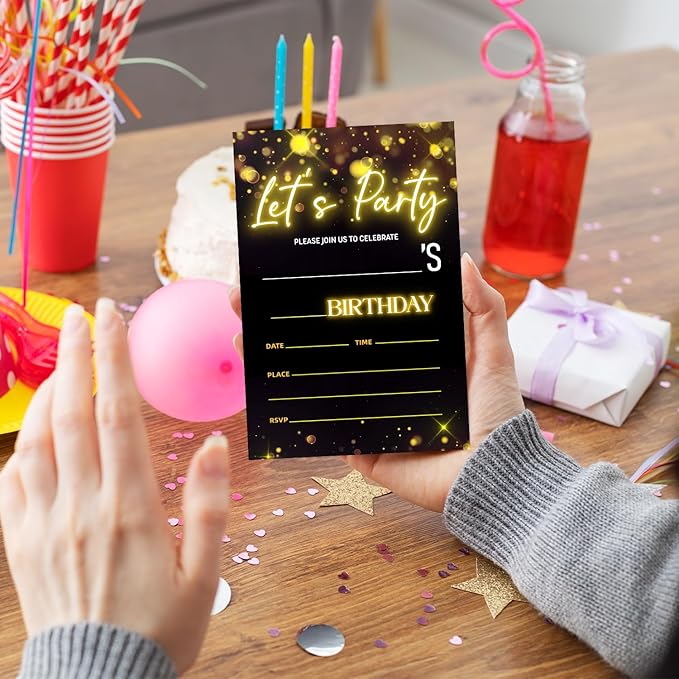 Let's Party! Birthday Party Invitation Cards for Boys Girls, Gold Glitter Birthday Celebration Party Invite Cards Supplies, 20 Double-Sided Fill In Invites With Envelopes -16