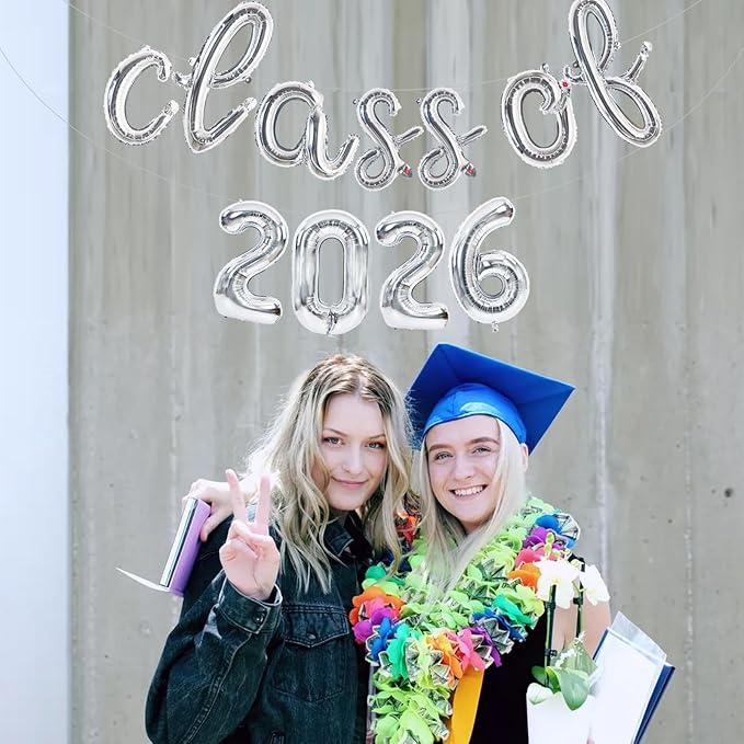 TONIFUL Silver Cursive Class of 2026 Graduation Balloon Banners 2026 Commencement Decor Grad Foil Balloons 2026 Congrats Grad Balloons for Class of 2026 Congratulation Graduation Party Supplies