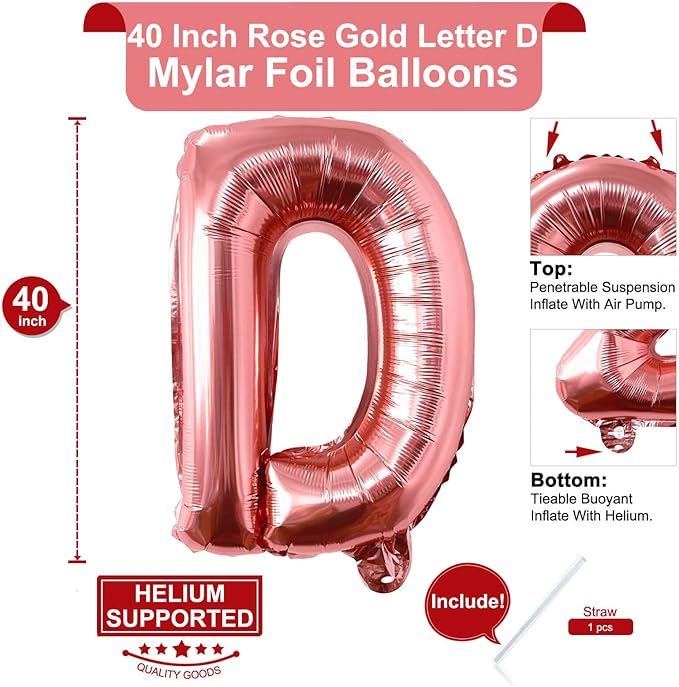 Lovoir 40 Inch Large Rose Gold Letter D Balloons Big Size Jumbo Mylar Foil Helium Balloon for Birthday Party Celebration Decorations Alphabet Rose Gold D