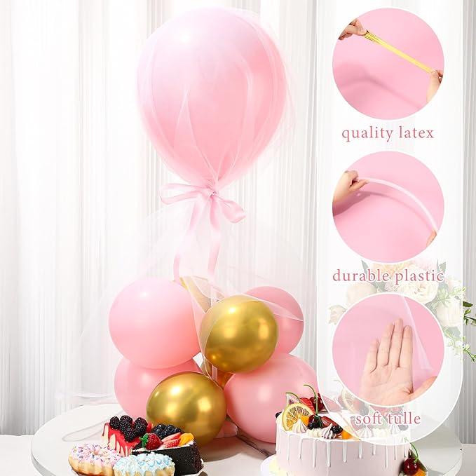 BBTO 8 Set Table Centerpieces Balloons Stand Kit, 80 Pcs Latex Balloons and Table Stand Holder with Base Tulle for Wedding Birthday Baby Shower Party (Pink, Gold)