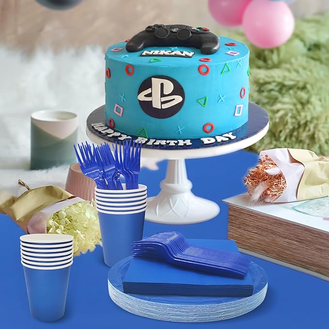 Severs 25 Guests Blue Party Supplies Set Include 9-inch Blue Paper Plates Cups Napkins and Tablecloth,Disposable Dessert Plates for Wedding Birthday