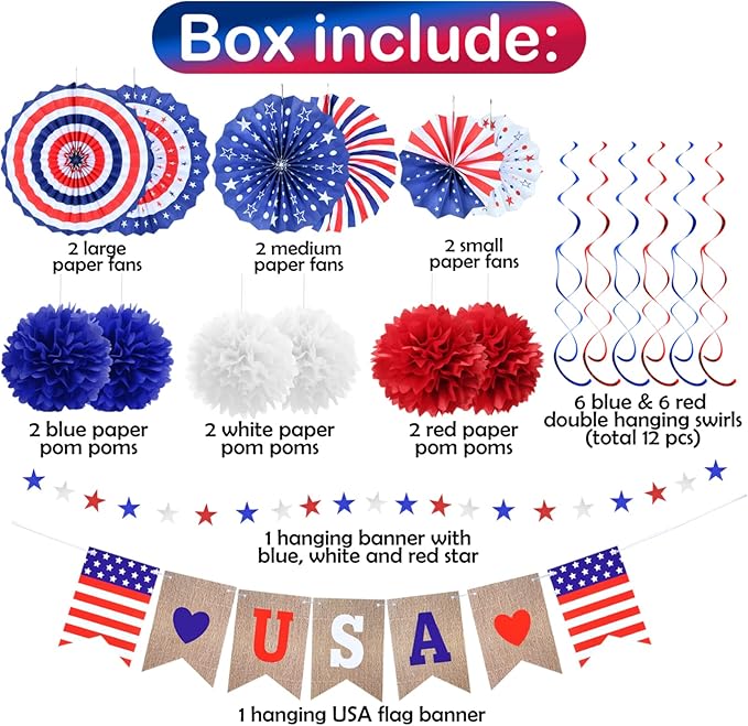 4th of July Decorations Independence Day Patriotic Decor Set - Red White Blue Paper USA Banner Flag Fans Star Streamer Pom Poms for Memorial Veterans Labor Presidents Flag Day Home Parties Accessories