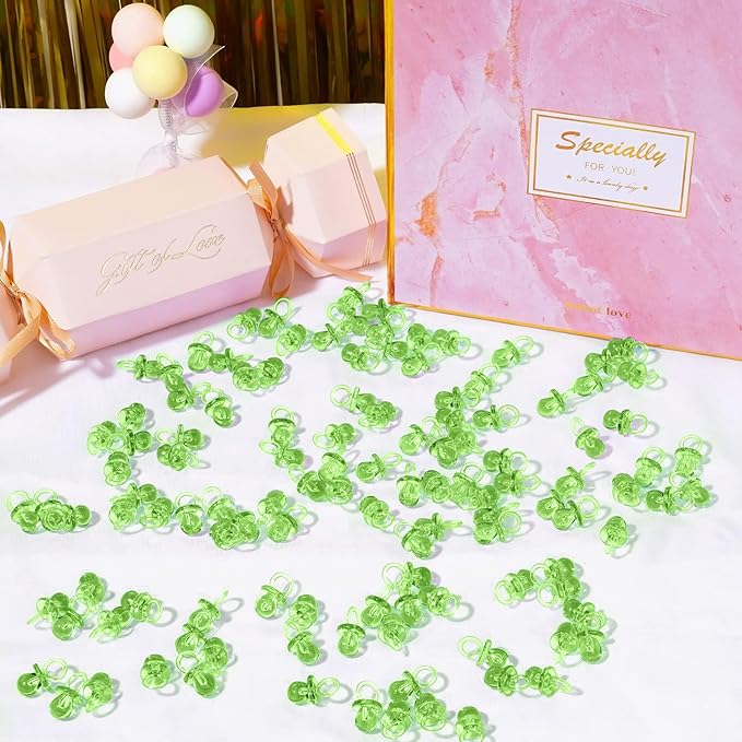 XINHUIDALSQ 150 Mini Acrylic Pacifiers for Baby Shower Girl Game, 0.86 Inch Bulk Chupones para Gender Reveal Party Favors Table Decoration (Green)