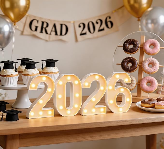 2026 LED Marquee Light Up Numbers, 4 LED Marquee Numbers for New Year Decorations 2026 graduation decorations，Class of 2026 Graduation Decorations Sign for Kindergarten Preschool High School College Wall Table Decor Party Supplies