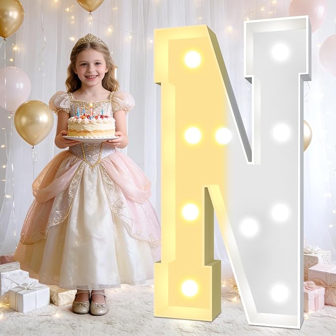 Pooqla 3FT Marquee Light Up Letters, Cool White and Warm White LED Big Mosaic Marquee Letters 3 Feet, Giant Letter Sign for Balloons Birthday Anniversary Wedding Party Decoration, Letter N