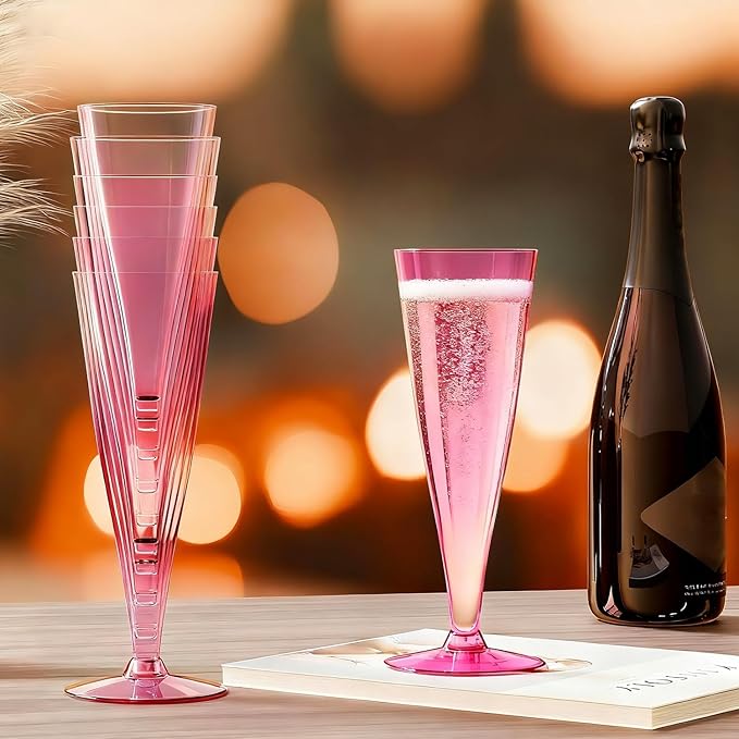 40 Pack Pink Plastic Champagne Flutes Disposable Wine Glasses, 4.5 Oz Clear Mimosa Cocktail Toasting Cups Bulk for 2026 New Year Eve Party Supplies Wedding Bride, Women's Day Decor