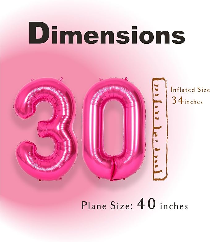 SUWEN 40 Inch Large Hot Pink 30 Balloon Numbers Big Foil Helium Number Balloons 0-9 Jumbo Happy 30th Mylar Birthday Party Decorations for Women Anniversary Party Supplies