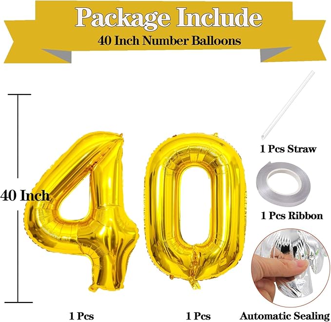 Giant Gold Number 40 Balloons, 40 Inch Jumbo Number 40, Large Foil Mylar Balloons for Girls Women 40th Birthday Party Decorations, 40 Anniversary Events Decorations