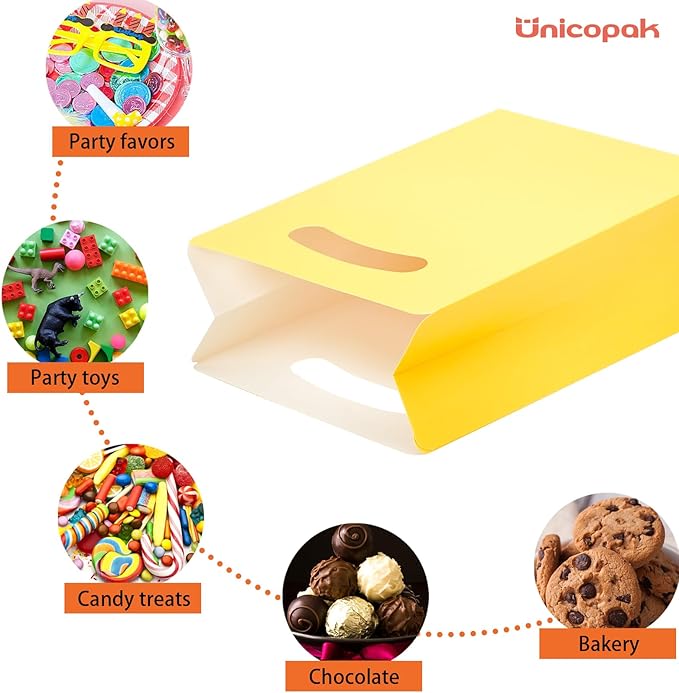 UnicoPak 16 Pack Yellow Party Favor Bags - 6×3×9” Premium Matte Yellow Gift Bags for Construction Birthday, Bee Baby Shower, Easter - Sturdy Paper Goodie Bags with Handles, Customizable for Treats & Cookies