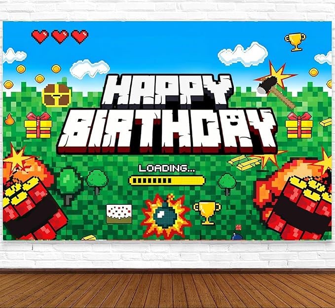 Pixel Backdrop Happy Birthday Banner Boy 5x3ft Miner Bday Sign Villager Gaming Birthday Party Decorations Videogame Themed Banner Video Game Decorations Video Game Backdrop for Boys