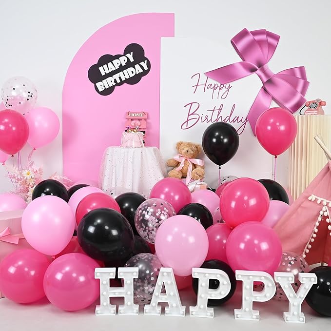 Pink and Black Balloons, 12 Inch Hot Pink Black Balloon with Confetti Balloons for Girls Women Birthday Baby Bridal Shower Wedding Theme Party Decoration