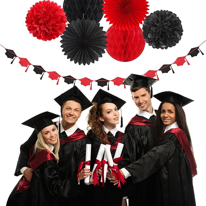 Red Black Party-Decoration Graduation Banner - 14pcs Kits Cap Garland Streamers, Paper Tissue Pom Poms Flowers Fans Honeycomb,Class Of 2026 College High School Grad Decor Hugfond
