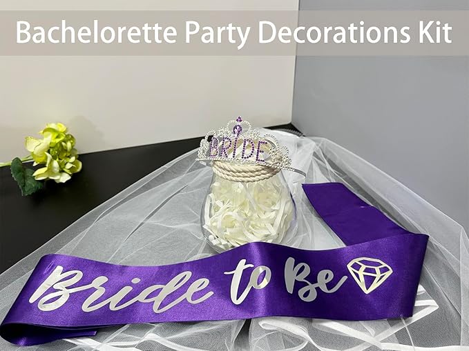 JETKONG 3 Pcs Bachelorette Party Decorations BRIDE Crown, Bride to Be Sash&Veil for Women Bachelorette Party Gifts, Bridal Shower Supplies, Gifts, Favors (Purple)
