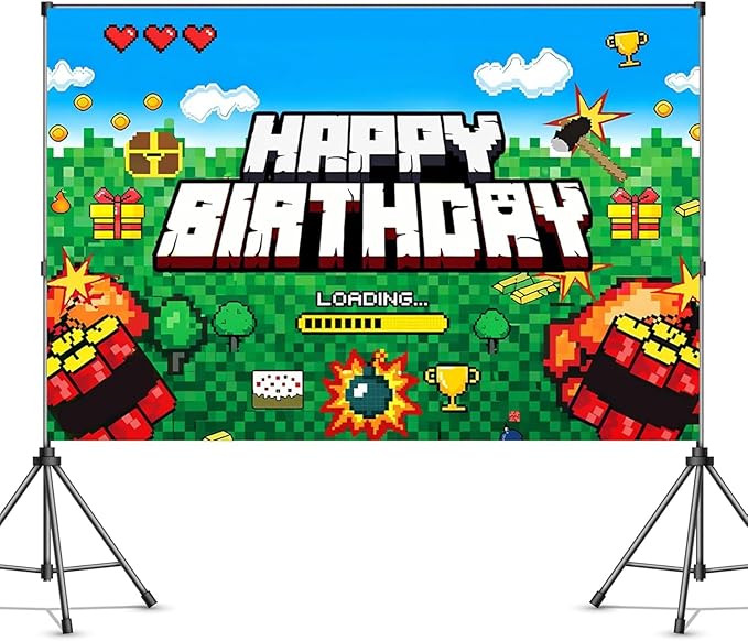 Pixel Backdrop Happy Birthday Banner Boy 5x3ft Miner Bday Sign Villager Gaming Birthday Party Decorations Videogame Themed Banner Video Game Decorations Video Game Backdrop for Boys