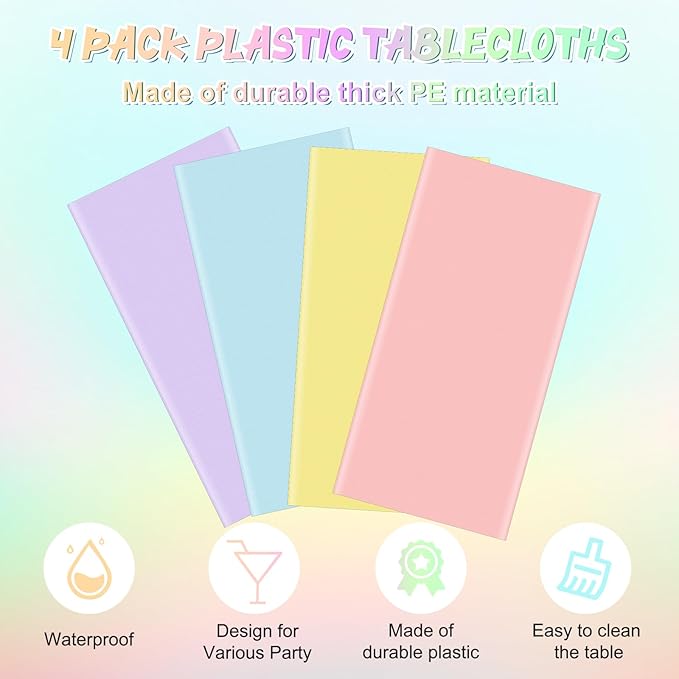 4Pcs Pastel Tablecloths, Mix Color Plastic Tablecloth Disposable Rectangle Table Covers for Baby Shower,Bridal,Wedding,Easter,Birthday and Ice Cream Party Decorations,54 x 108 Inch